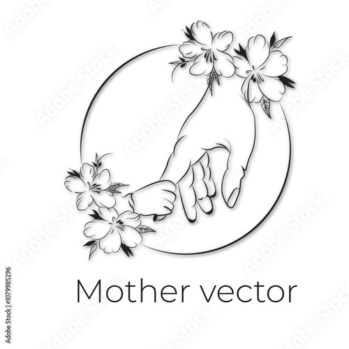 Handdrawn line art style mom and baby illustration art.
