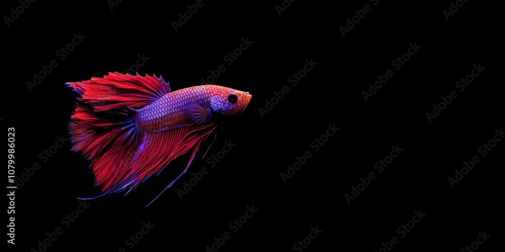 Red and purple Betta fish with flowing fins against a black background Red and purple Betta fish with flowing fins against a black background