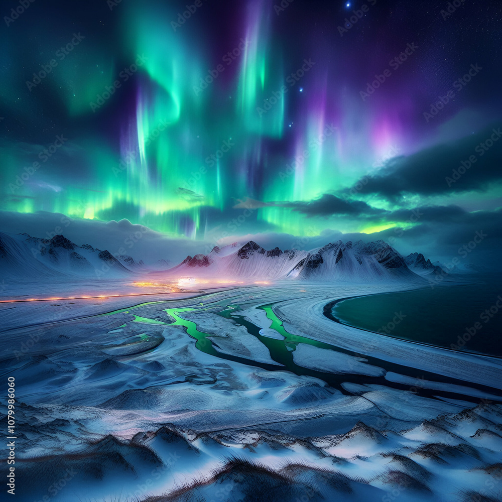 Fototapeta premium Aurora Borealis Dancing Over a Frozen Lake in a Remote Arctic Wilderness