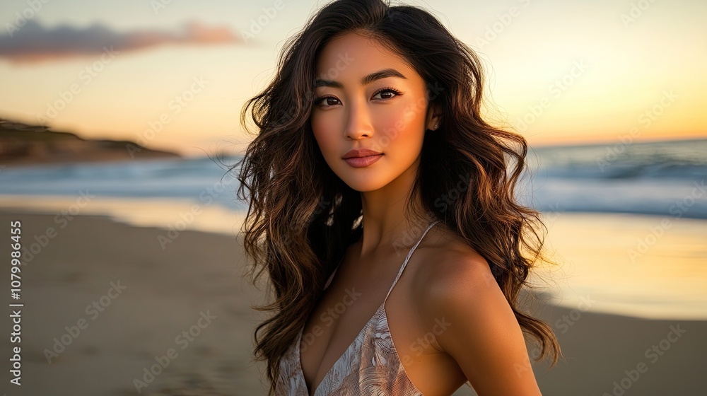 Woman with Long Dark Hair Standing on a Beach at Sunset Woman with Long Dark Hair Standing on a Beach at Sunset