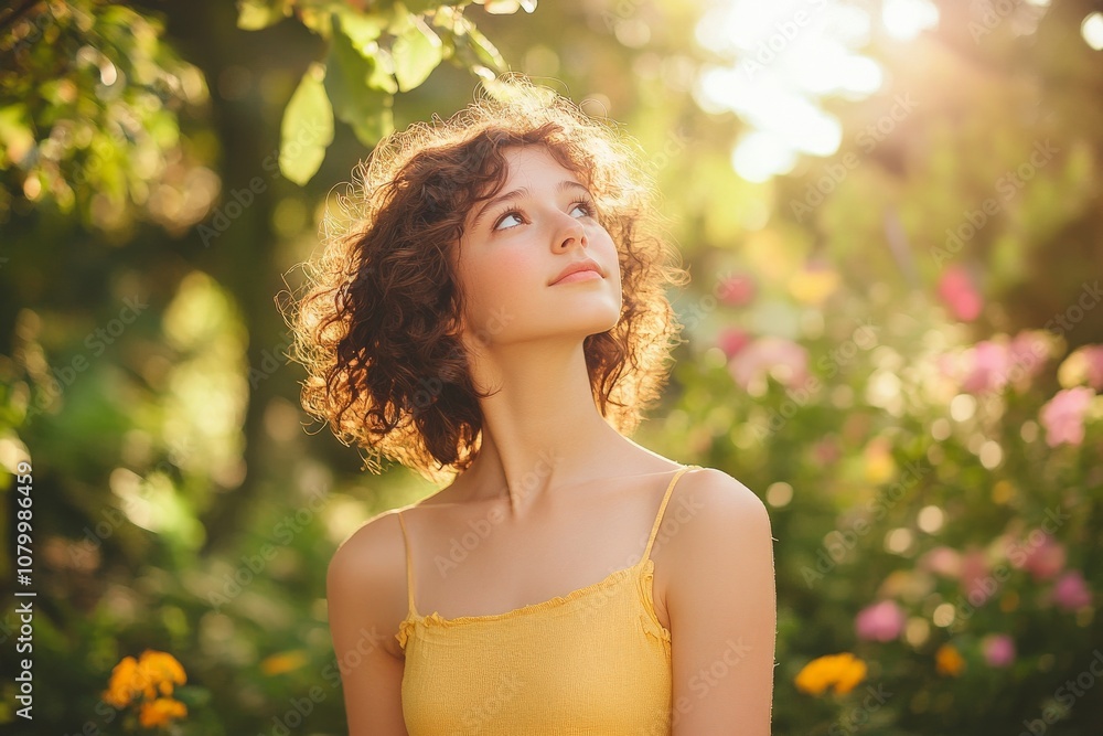 Young woman in a yellow dress gazes upwards in a sunlit garden, surrounded by vibrant flowers and green foliage, embodying a moment of tranquility and reflection. Young woman in a yellow dress gazes upwards in a sunlit garden, surrounded by vibrant flowers and green foliage, embodying a moment of tranquility and reflection.