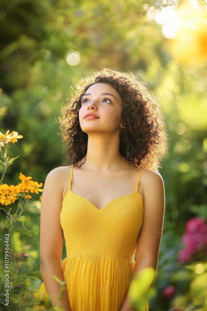Young woman in a yellow dress standing among vibrant flowers, looking up thoughtfully, with soft sunlight creating a serene and joyful atmosphere. Young woman in a yellow dress standing among vibrant flowers, looking up thoughtfully, with soft sunlight creating a serene and joyful atmosphere.