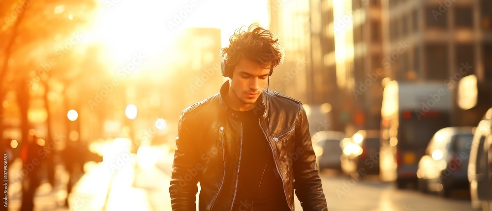 Young man walking down a city street during golden hour, wearing a leather jacket, with sunlight creating a warm, dramatic backdrop in an urban setting. Young man walking down a city street during golden hour, wearing a leather jacket, with sunlight creating a warm, dramatic backdrop in an urban setting.
