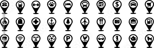 Travel and destination pin icon set. Map pin marker in the city facility icons set. Contain location of farm, seafood market and restaurant, museum, park, soccer, gas station and more