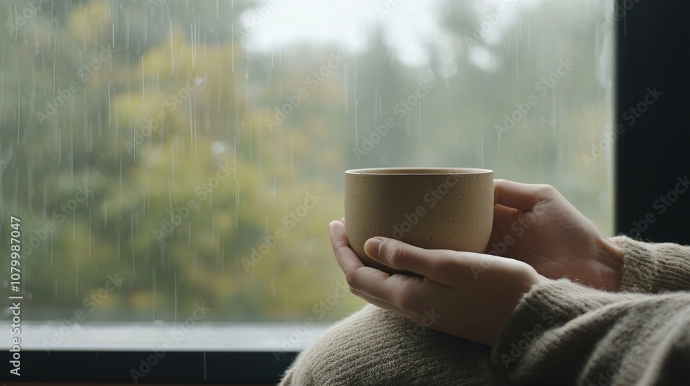 A warm tea cup held in both hands by a rain-streaked window, creating a peaceful and reflective mood indoors on a rainy day. A warm tea cup held in both hands by a rain-streaked window, creating a peaceful and reflective mood indoors on a rainy day.