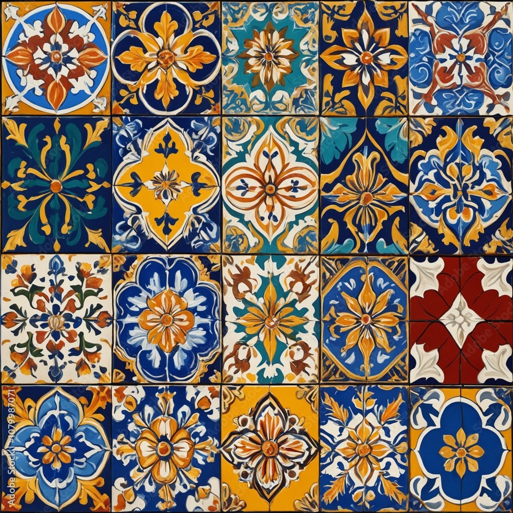 Brightly colored tiles with traditional patterns. Arranged neatly on the wall, each tile is painted with a unique design Brightly colored tiles with traditional patterns. Arranged neatly on the wall, each tile is painted with a unique design