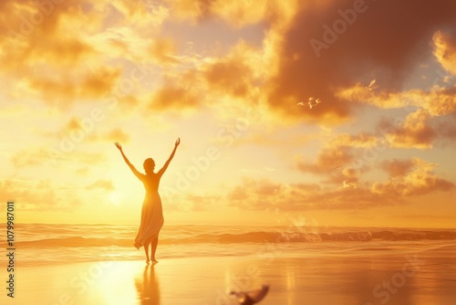 Woman in flowing dress joyfully embracing a sunset on a serene beach, with clouds illuminated in warm hues, symbolizing freedom and tranquility.