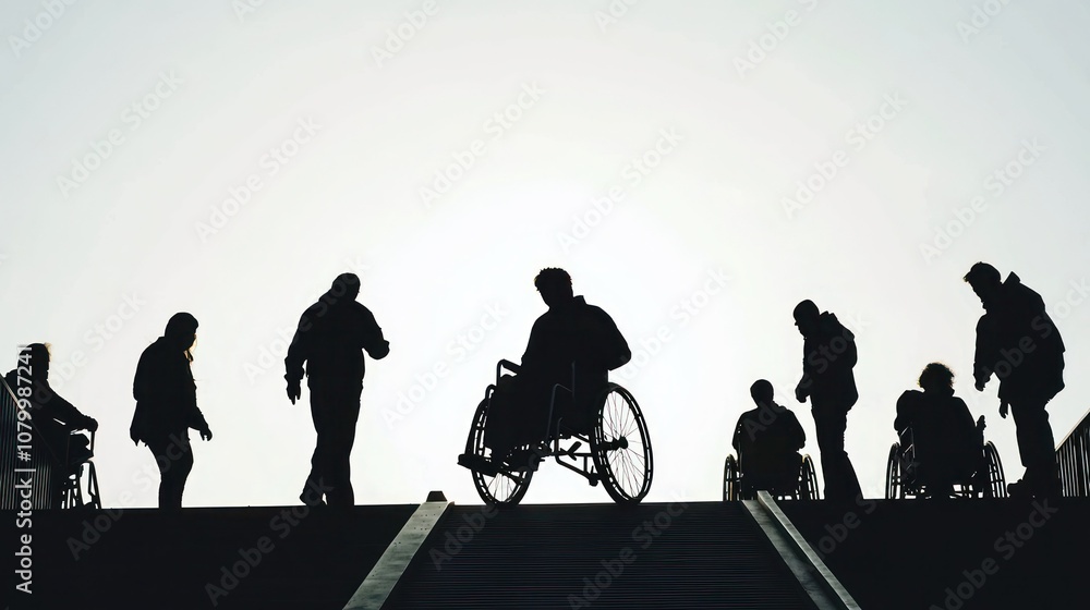 Silhouette of a person in a wheelchair ascending a ramp, alongside other wheelchair users performing daily tasks, arranged on a white backdrop. Silhouette of a person in a wheelchair ascending a ramp, alongside other wheelchair users performing daily tasks, arranged on a white backdrop.
