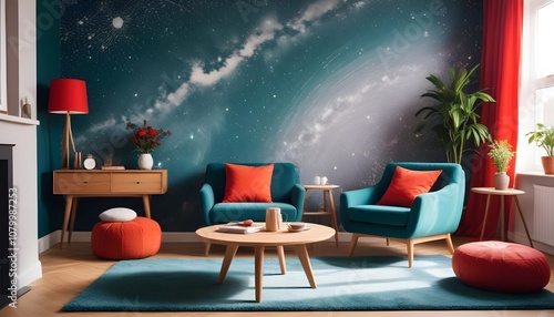 Scandinavian living room interior design zoom background,Doodle patterned wallpaper graphics