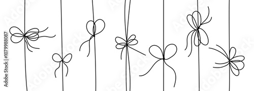 Black line style gift ribbon bows set isolated on white background. Doodle line style gift box ribbon bows in a thin, simple, minimal hand drawn design for elegant festive present decoration.