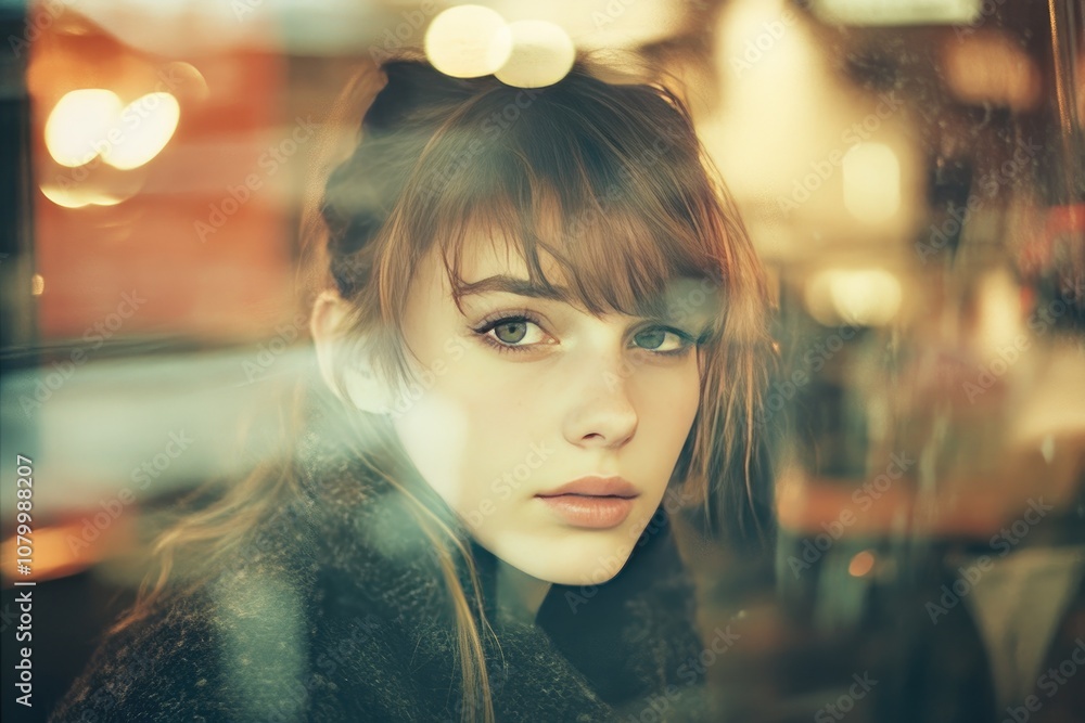 Woman Gazing Through Glass With Blurred Lights Woman Gazing Through Glass With Blurred Lights