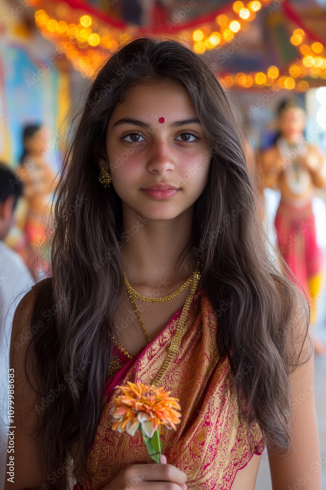 A young girl dressed in traditional clothing holds a flower, radiating joy as she prepares to celebrate Diwali among colorful decorations and lights