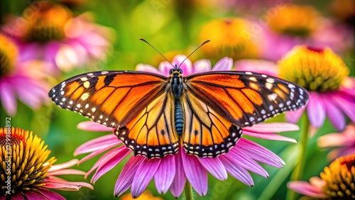 Bright colorful flower with symmetrical butterfly collecting pollen