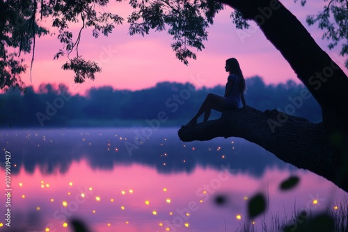 Serene silhouette of a woman sitting on a tree branch overlooking a tranquil lake at sunset, with vibrant purple skies and soft glowing lights reflecting on the water. photo