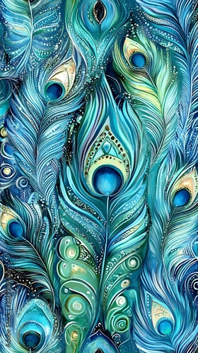 A pattern of peacock feathers in shades of blue, green, and turquoise, with intricate details and a luxurious look.