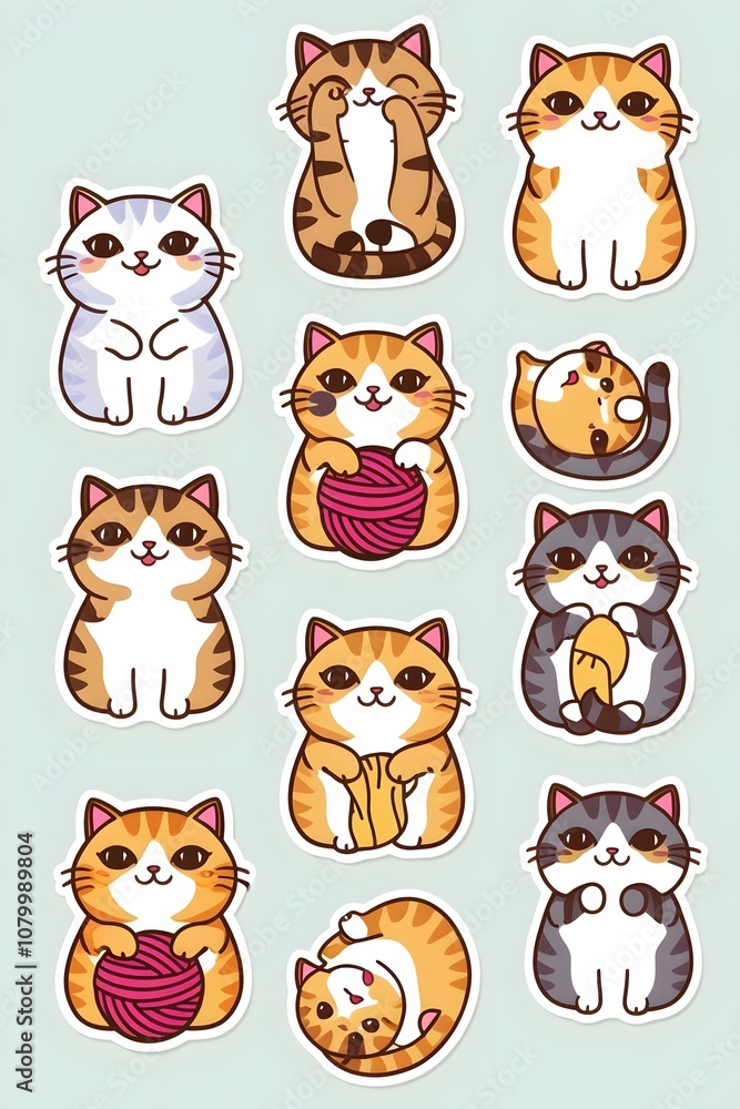 Obraz premium Cute Cartoon Cat Stickers with Various Poses and Expressions - Adorable Illustrations for Cat Lovers