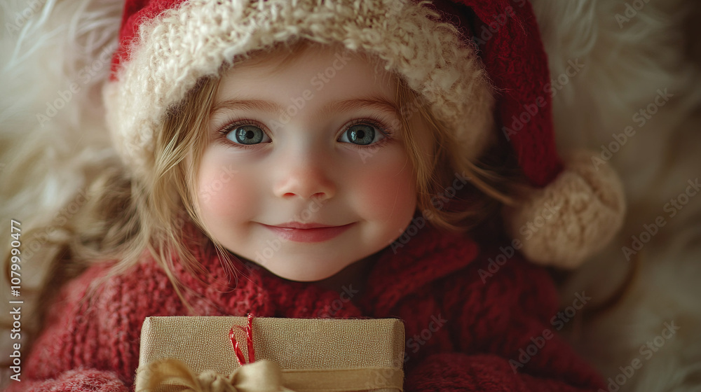 Joyful Girl in a Christmas Hat Holding a Present in snowy festive setting Holiday and celebration concept. Joyful Girl in a Christmas Hat Holding a Present in snowy festive setting Holiday and celebration concept.