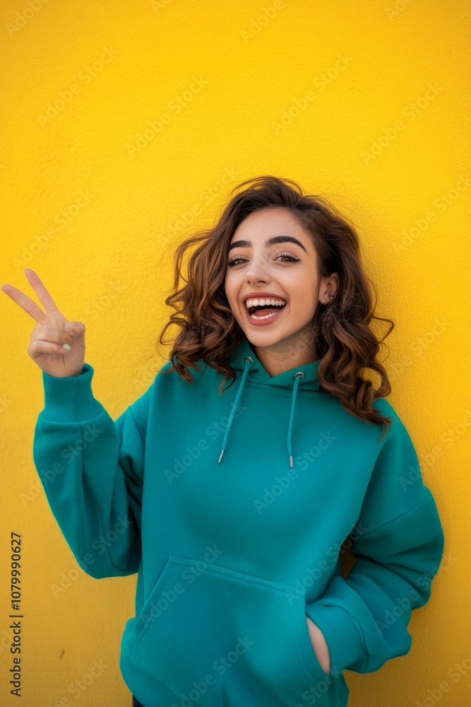 Joyful young woman in turquoise hoodie smiles and peace signs against a vibrant yellow background, expressing happiness and positivity in casual fashion. Joyful young woman in turquoise hoodie smiles and peace signs against a vibrant yellow background, expressing happiness and positivity in casual fashion.