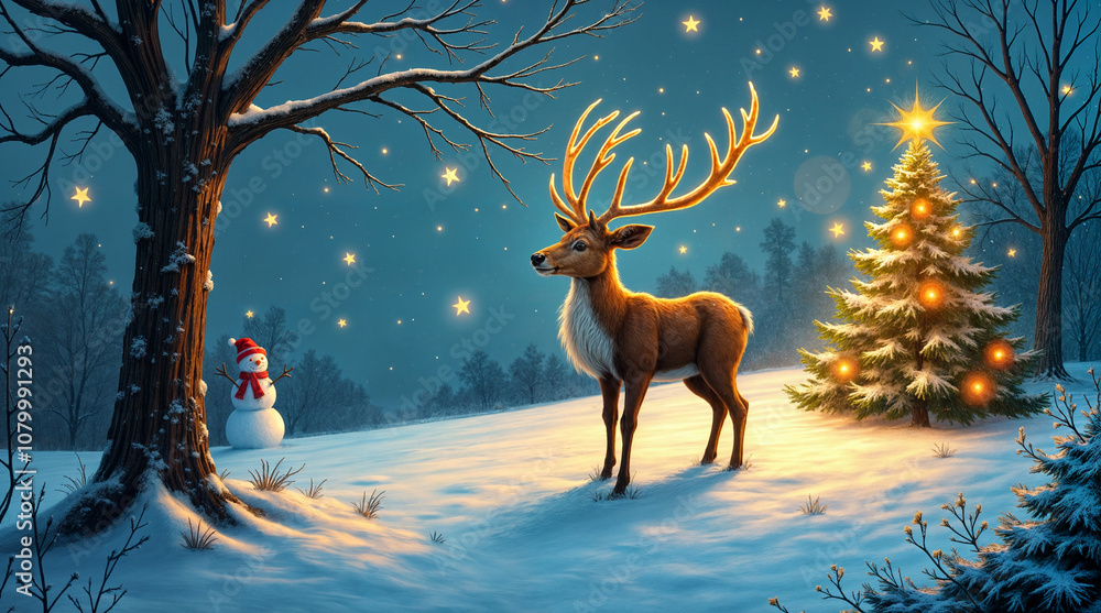 A cute Christmas illustration of a reindeer in a snowy winter landscape, surrounded by snowflakes and pine trees. This playful design is perfect for holiday cards A cute Christmas illustration of a reindeer in a snowy winter landscape, surrounded by snowflakes and pine trees. This playful design is perfect for holiday cards
