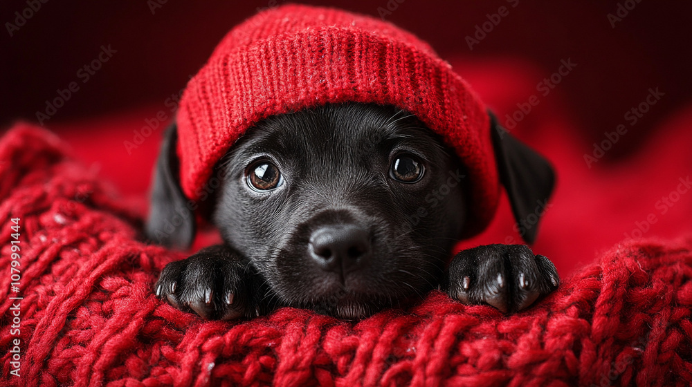 Black Dog in a Festive Christmas Mood with Decorations