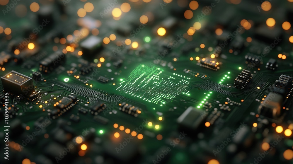 Abstract Green Circuit Board with Glowing Lights Abstract Green Circuit Board with Glowing Lights