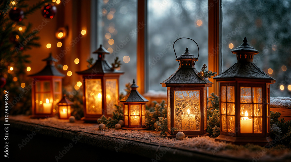 Fototapeta premium A warmly lit Christmas tree decorated with golden ornaments and candles, creating a cozy, festive atmosphere. Set in a peaceful room or church, the glow enhances the holiday spirit