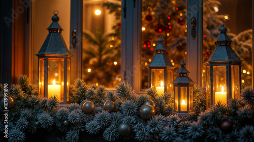 A warmly lit Christmas tree decorated with golden ornaments and candles, creating a cozy, festive atmosphere. Set in a peaceful room or church, the glow enhances the holiday spirit
