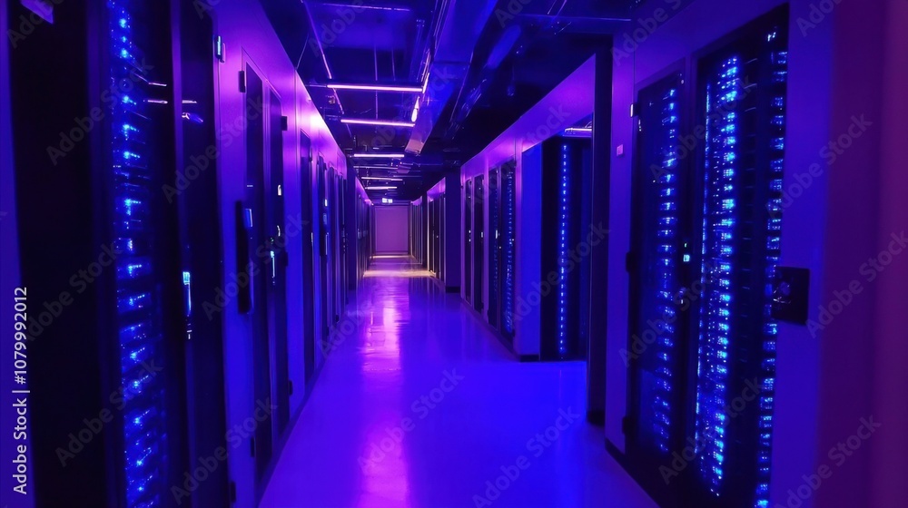 Futuristic Data Center Aisle with Blue Lighting Futuristic Data Center Aisle with Blue Lighting