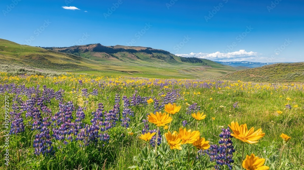 Obraz premium A field of vibrant wildflowers under a clear blue sky