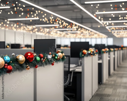Office cubicle decorated with tinsel, lights, and holiday ornaments