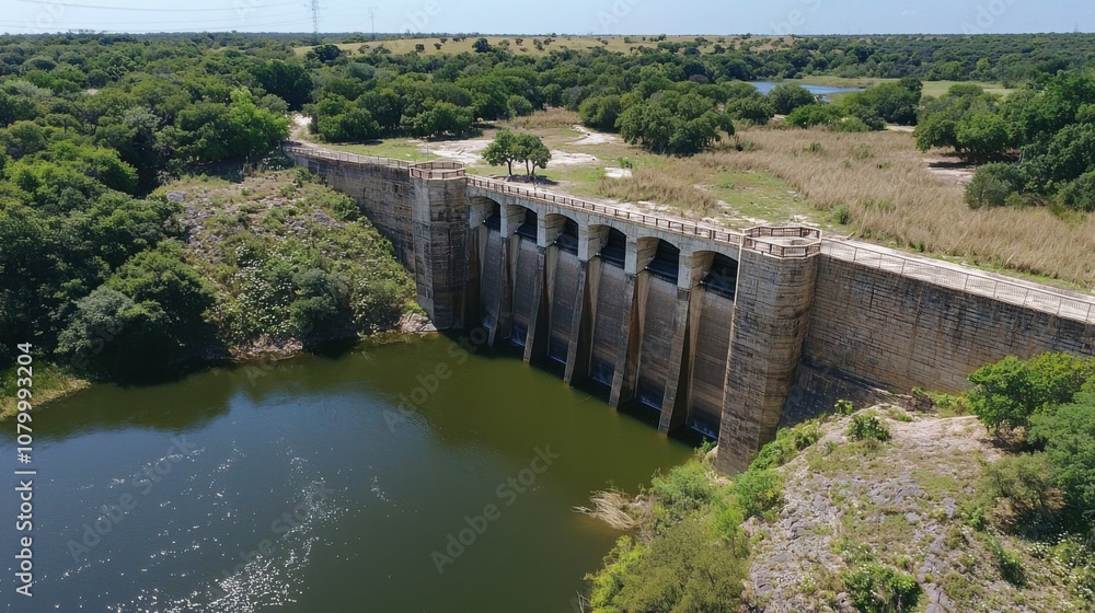 Scenic Aerial View of Large Water Dam and Surroundings Scenic Aerial View of Large Water Dam and Surroundings