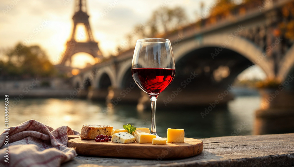 Naklejka premium A cozy Parisian scene by the Seine River featuring wine, cheese, and iconic landmarks.
