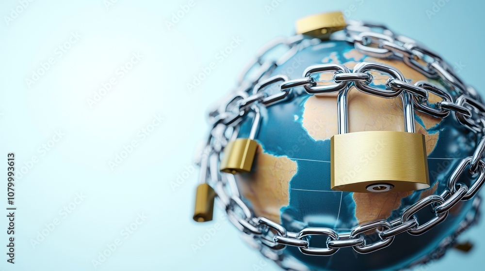 Globe wrapped in chains with multiple padlocks secured Globe wrapped in chains with multiple padlocks secured