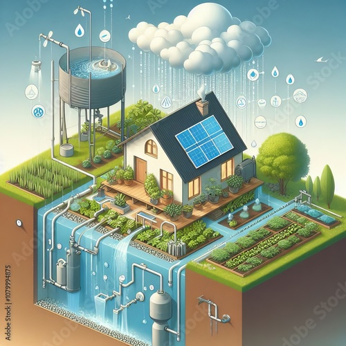 Rainwater Harvesting System Illustration of a system collecting