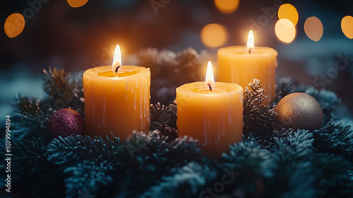 Glowing Yellow Candles with Pine Cones and Fir Branches 