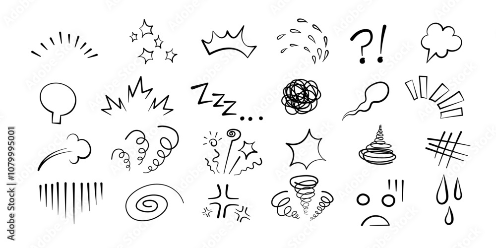 Fototapeta premium Manga or anime comic emoticon element graphic effects hand drawn doodle vector illustration set isolated on white background. Line style manga doodle line expression scribble anime mark collection.