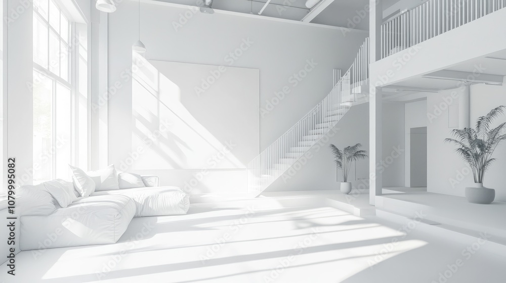 Obraz premium Modern Interior Design with White Walls, Minimalist Decor, and Natural Light