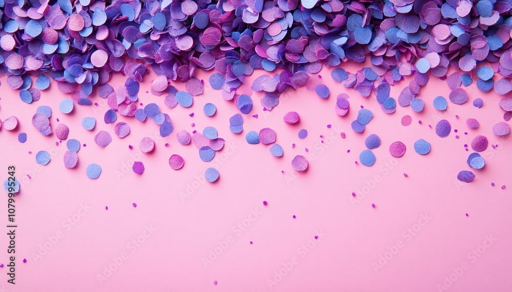 Obraz premium Purple and blue confetti on pink background, with copy space.