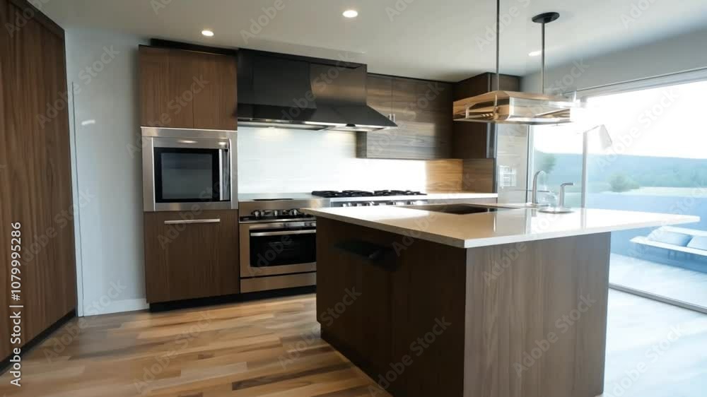 Modern open-concept kitchen interior with stainless steel appliances and wooden cabinets, seamless looping 4k time-lapse video background Modern open-concept kitchen interior with stainless steel appliances and wooden cabinets, seamless looping 4k time-lapse video background