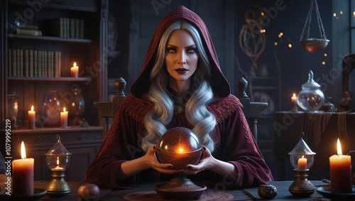 Mysterious Fortune Teller Woman with Glowing Magic Crystal Ball, Oracle, Psychic, Medium, Reading Horoscope and Future