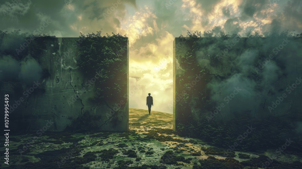 Fototapeta premium A Man Walking Through a Gap in the Wall