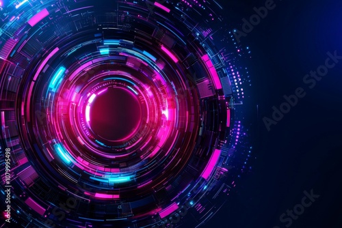 Abstract Futuristic Background with Layered Tech Shapes in Vibrant Colors, Perfect for Modern Design Projects and Digital Art, with Circular Pattern and Geometric Elements