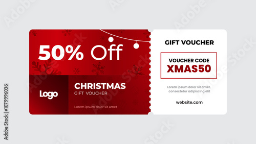 Christmas gift voucher card template vector illustration. 50% off sale coupon code promotion. Christmas gift card voucher design for business. Elegant template for a festive gift card.