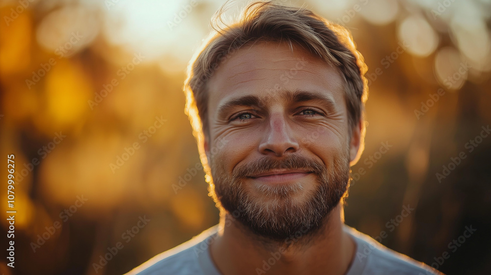 Obraz premium Smiling man with positive mindset against warm bokeh background in nature