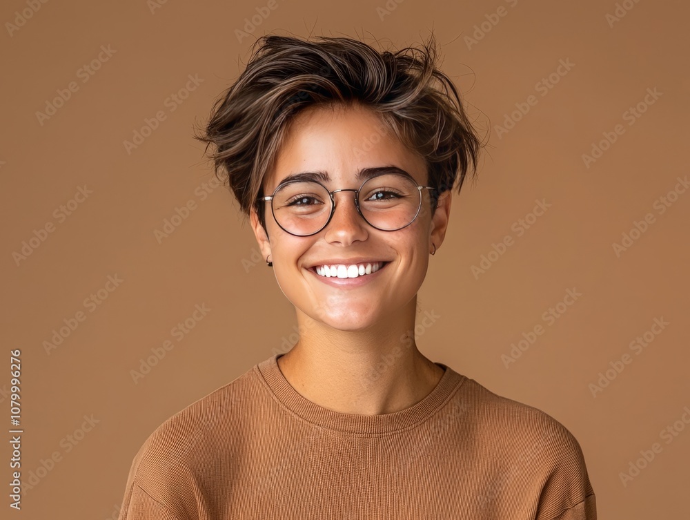 Confident Person with a Bright Smile in Casual Clothing Against a Smooth Brown Background, Exuding a Positive Vibe and Approachability in a Stock Photo Setting Confident Person with a Bright Smile in Casual Clothing Against a Smooth Brown Background, Exuding a Positive Vibe and Approachability in a Stock Photo Setting