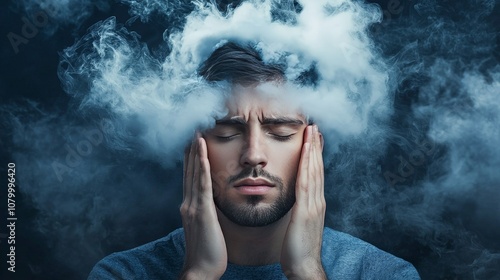 Tranquil Portrait of a Thoughtful Young Man with Closed Eyes and Hands on Face Surrounded by Ethereal Smoke in a Dreamy and Reflective Atmosphere