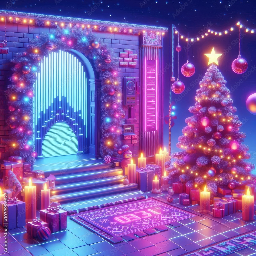 3d render christmas atmosphere, Synthwave/Vaporwave theme 3d render christmas atmosphere, Synthwave/Vaporwave theme