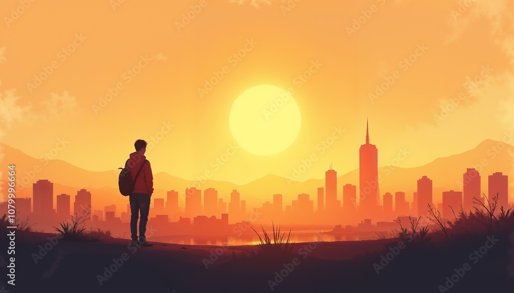 Fototapeta premium Silhouetted young man watching sunset over city skyline