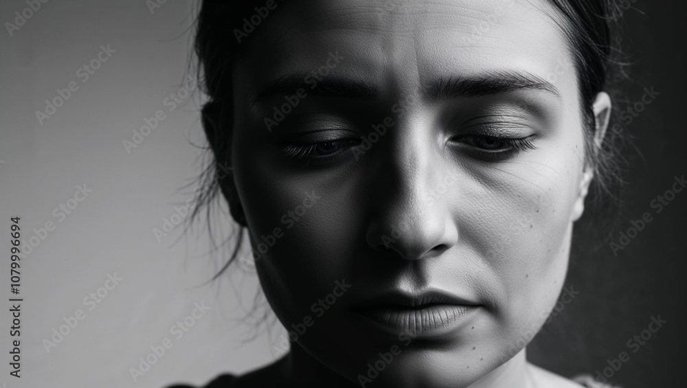 Close-up of a woman's face in black and white, conveying deep emotions of sadness and depression, copy space Close-up of a woman's face in black and white, conveying deep emotions of sadness and depression, copy space
