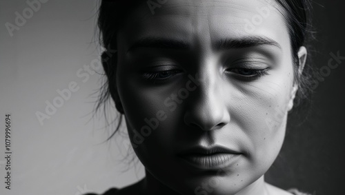 Close-up of a woman's face in black and white, conveying deep emotions of sadness and depression, copy space